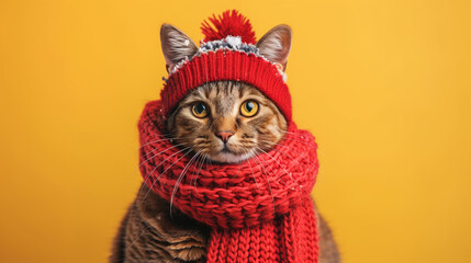 Fototapeta premium Cute cat wearing winter clothes portrait on isolated background with copy text space - ai generative