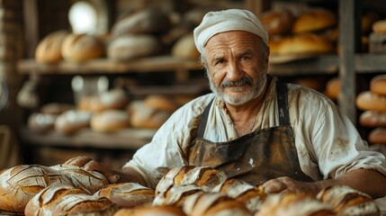 Blending enthusiasm with profession, a male baker trades happiness with his customers, his small bakery brimming with homemade, flavorful bread loaves.