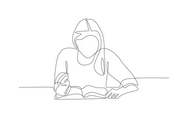 Woman reading a lesson. Homework concept one-line drawing
