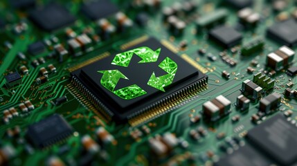 Green Circuit Recycling Technology, integrated circuits featuring a prominent recycling symbol emphasizing sustainable electronic design and environmental responsibility