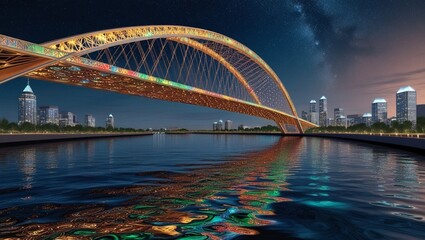 A beautiful long bridge in the city at night looks colorful lights