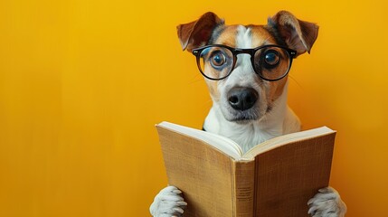 Studious dog with glasses reading book, yellow background, intelligent expression, humorous scene.