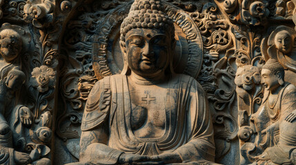 A statue of a Buddha with a cross on his chest