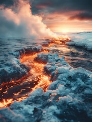 Fototapeta premium Lava flowing through icy terrain, creating steam, contrasting elements of fire and ice, vibrant sunset in the background, dynamic natural scene.