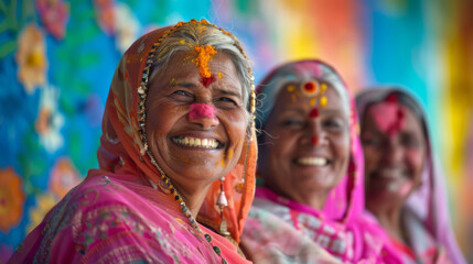 Fototapeta premium Three women are smiling and wearing colorful clothing