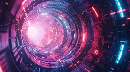 Fototapeta premium Futuristic neon tunnel, intricate circuitry, bright pink and blue lights, glowing portal, sci-fi digital corridor, immersive technology, virtual reality environment