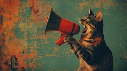 Cat with Megaphone, Amplified Meow, Vibrant Abstract Background