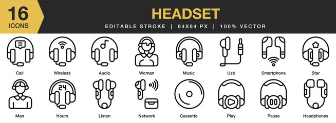 Set of 16 Headset icon set. Editable Stroke Icon Collection. Includes audio, network, star, usb, listen, smartphone, and More. Outline icons vector collection.