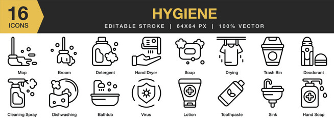 Set of 16 Hygiene icon set. Editable Stroke Icon Collection. Includes bathtub, cleaning spray, hand dryer, lotion, mop, soap, and More. Outline icons vector collection.