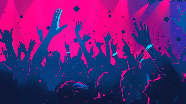 A crowd with raised hands at a concert festival banner, in a retro 80s style with bright neon pink and blue