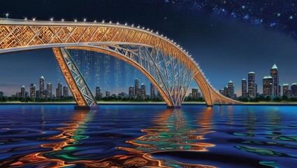 Obraz premium A beautiful long bridge in the city at night looks colorful lights