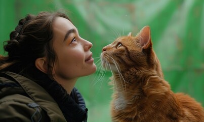 a cat and his owner a young woman are looking together on the green screen, Generative AI