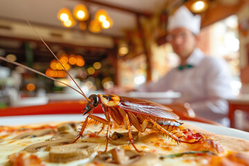 Hygiene issue in a food preparation environment. Health risks, and diseases such as dysentery concept. Cockroach is on the pizza in the restaurant