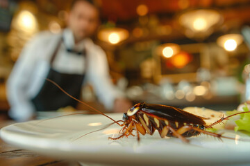Health risks, and diseases such as dysentery concept. Cockroach is on the empty plate in the restaurant. Hygiene issue in a food preparation environment