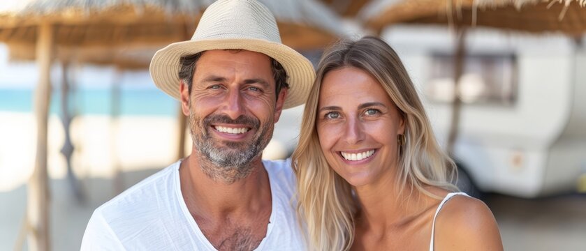 A man and a woman stand before a beach hut, smiling for a photo The backdrop is the vast, tranquil ocean - Powered by Adobe