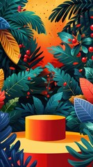 Naklejka premium Tropical Foliage with Red Berries and a Podium