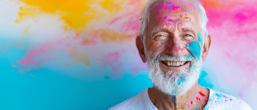 A bearded man with white hair grinns at the camera, splattered in vibrant paint on face and chest - Powered by Adobe