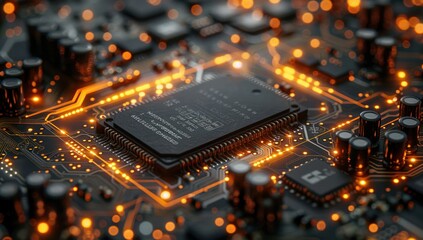 Obraz premium Close-up View of a Glowing Circuit Board