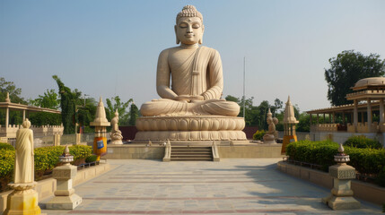 A large statue of Buddha sits in a courtyard surrounded by trees and shrubs