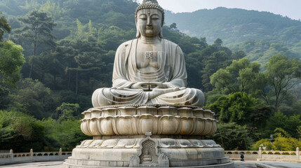 Obraz premium A large statue of a Buddha sits in a lush green forest
