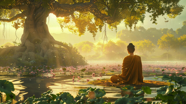 A man sits under a tree in a field of flowers