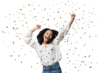 Happy woman with confetti falling everywhere on her isolated transparent PNG, Birthday celebration party or New Year eve celebrating concept