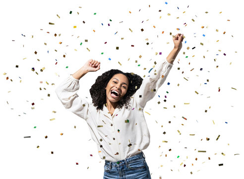 Happy woman with confetti falling everywhere on her isolated transparent PNG, Birthday celebration party or New Year eve celebrating concept