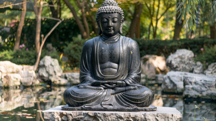 A statue of a Buddha sitting on a rock in a garden