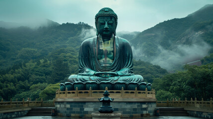 Fototapeta premium A large statue of a Buddha sits in a lush green forest