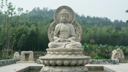 A statue of a Buddha is sitting in a pond