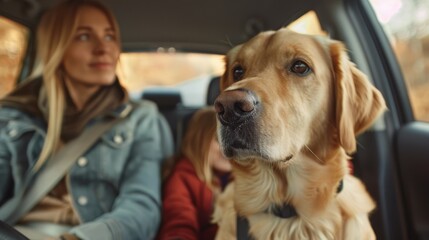 Family road trip with a golden retriever in the car, woman and child enjoying the journey with their pet in the front seat.