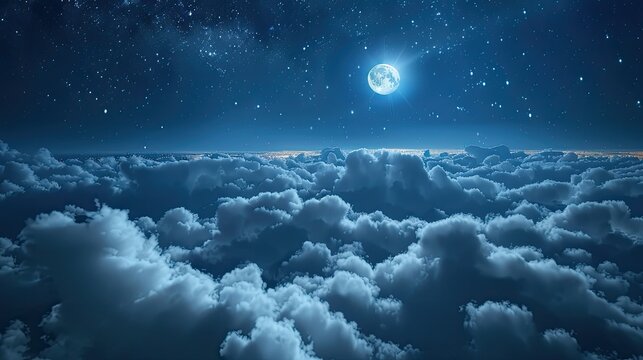 Flying above the clouds time lapse at night with moonlight The animation loops seamlessly. Fly over a view of clouds gliding above the city lights at night.