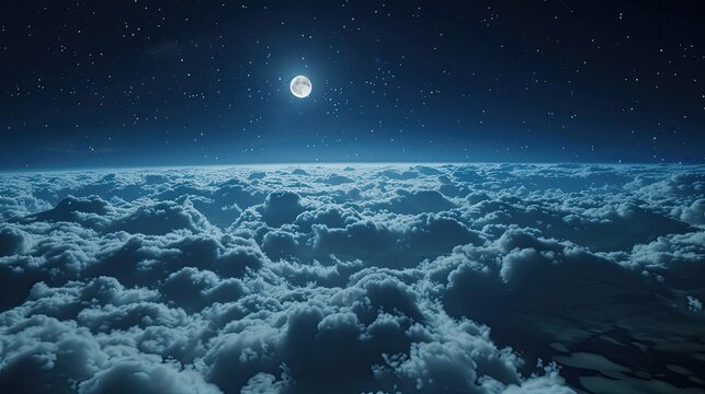 Flying above the clouds time lapse at night with moonlight The animation loops seamlessly. Fly over a view of clouds gliding above the city lights at night. - Powered by Adobe