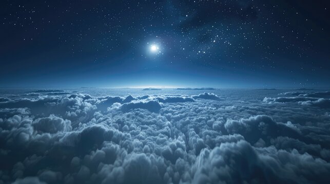 Flying above the clouds time lapse at night with moonlight The animation loops seamlessly. Fly over a view of clouds gliding above the city lights at night.