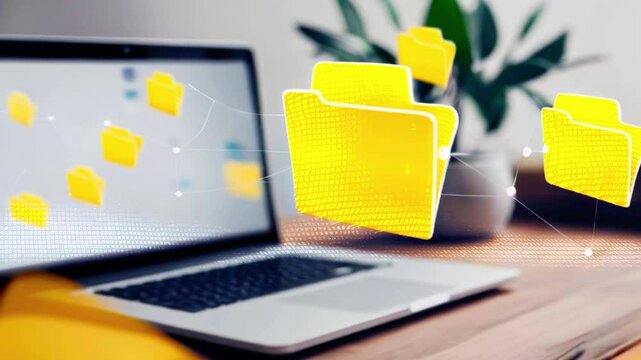 A laptop computer is sitting on a desk. Next to it is a houseplant. Both the laptop screen and the desk have yellow folder icons floating above them.