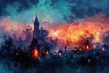 Spooky Church Cemetery Artwork