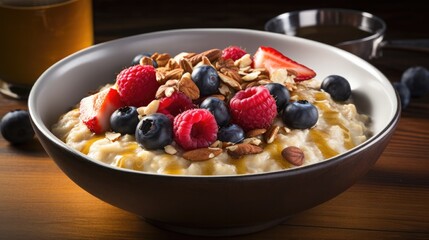 Photograph of a bowl of oatmeal topped with fresh berries, nuts, and a drizzle of honey
