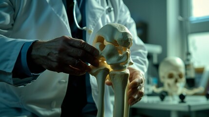 An orthopedic doctor using a knee model to explain the effects of sports injuries .