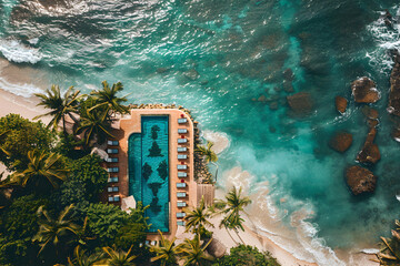 Aerial view of a swimming pool of a luxury resort at the beach