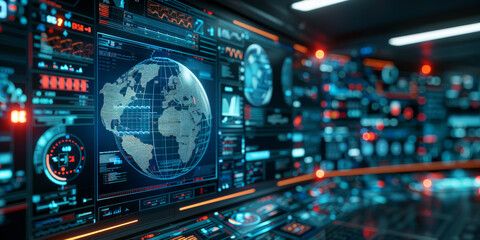 Fototapeta premium Creative glowing blue medical hologram with cross and globe on dark background. Science, healthcare system and futuristic pharmacy concept. 3D Rendering.