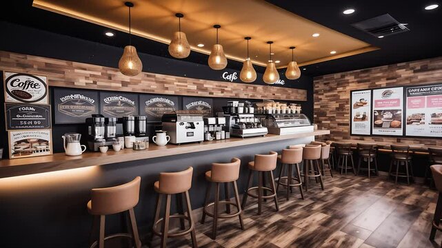 This footage captures an empty wooden chair in a cozy coffee shop, with a blurred background of tables, chairs, and cafe interior.