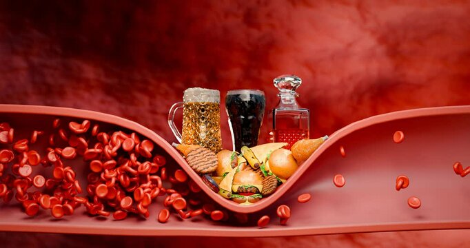 Hyperlipidemia or arteriosclerosis. Blocked artery concept and human blood vessel as a disease with cholesterol fat . Clogged arteries, Cholesterol plaque. Fast food, junk food. 3d rendering