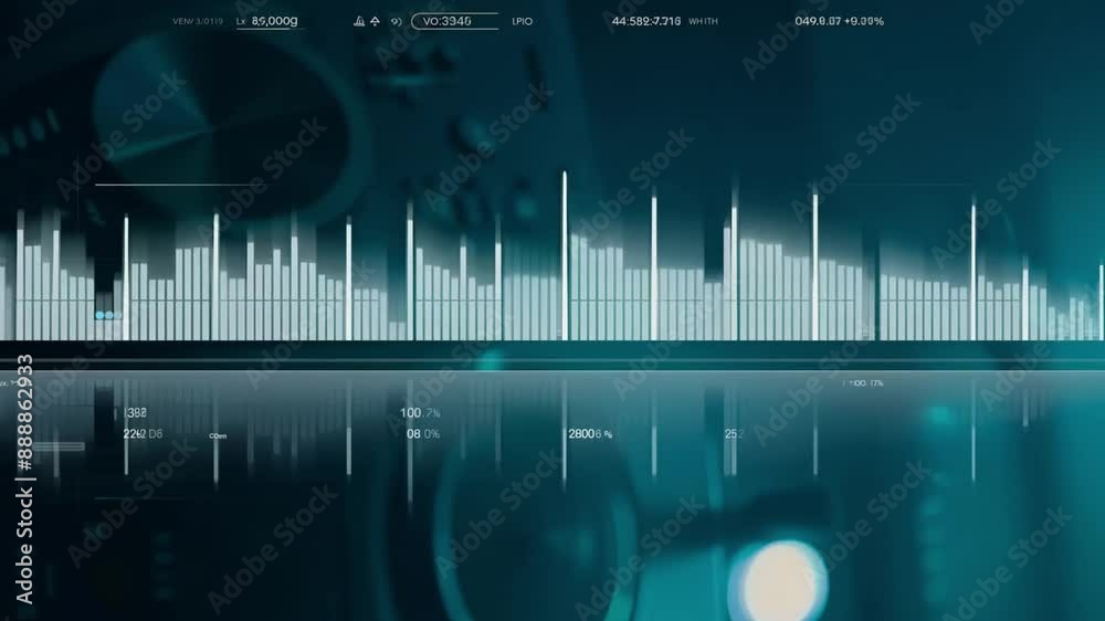 Poster This digital display of audio waveform data with white bars showing sound levels.