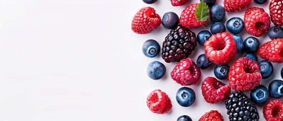 raspberries, blueberries, and two arrangements of raspberries on a white surface ..Or, if you prefer to keep the repet