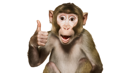  A monkey giving a thumbs up isolated on white background.