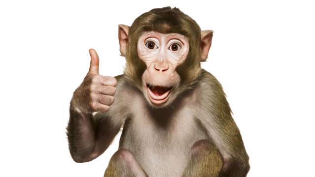  A monkey giving a thumbs up isolated on white background.
