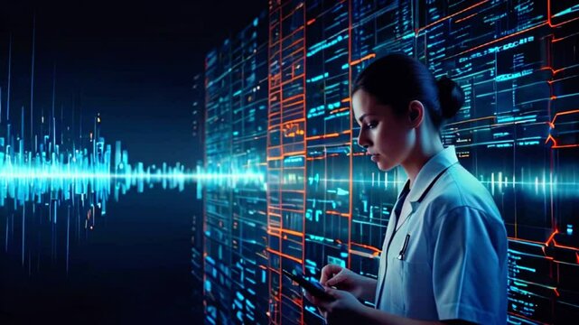 A woman in a lab coat is standing in front of a large digital screen with a graph of sound waves. - Powered by Adobe
