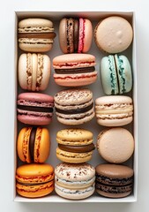 Colorful french macaroons in gift box on color background. Top view of various assorted flavors of classic French macarons in a gift box,almond cookies,Valentine's day sweet gift,holiday,celebration.