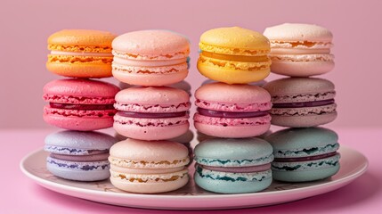 Fototapeta premium Colorful Macaroons tower on pink background,group stack tower ,Macaroons with cream in the middle,French cuisine, candy, holiday, new year and food concept,Home made Traditional french dessert.