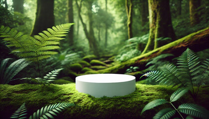 podium stands on a moss-covered rock in a lush, dense forest filled with ferns and towering trees under daylight.